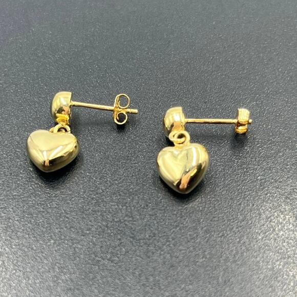 CJT 14k Marked 3D Puff Heart Drop Dangle Pierced Polished Yellow Gold Earrings - Picture 3 of 12